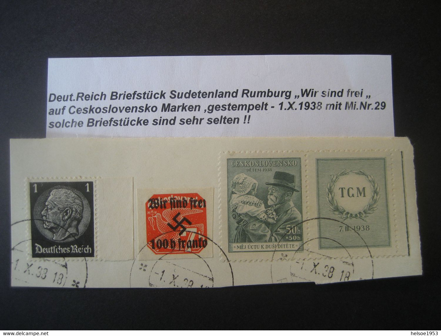 Deutschland Auslandspostämter Sudetenland Rumburg 1938- Briefstück Mit Ceskoslovensko Marke MiNr. 29 "frei" Ohne I-Punkt - Sudetenland