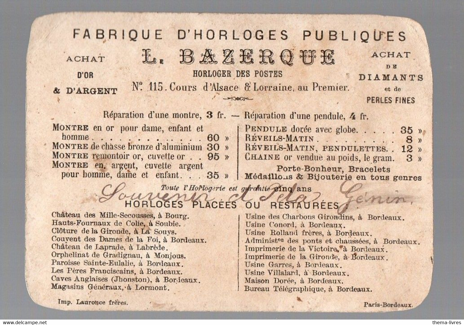 Bordeaux (33 Gironde) Calendrier 1880 BAZERGUE Horloger  (PPP28114) - Petit Format : ...-1900