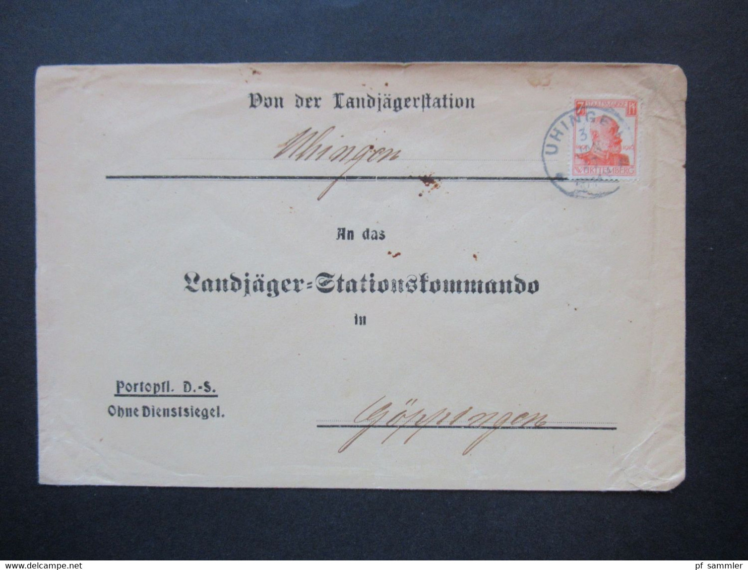 AD Württemberg 1917 Nr. 242 EF Umschlag Landjägerstation Uhingen An Das Landjäger Stationskommando In Göppingen - Lettres & Documents