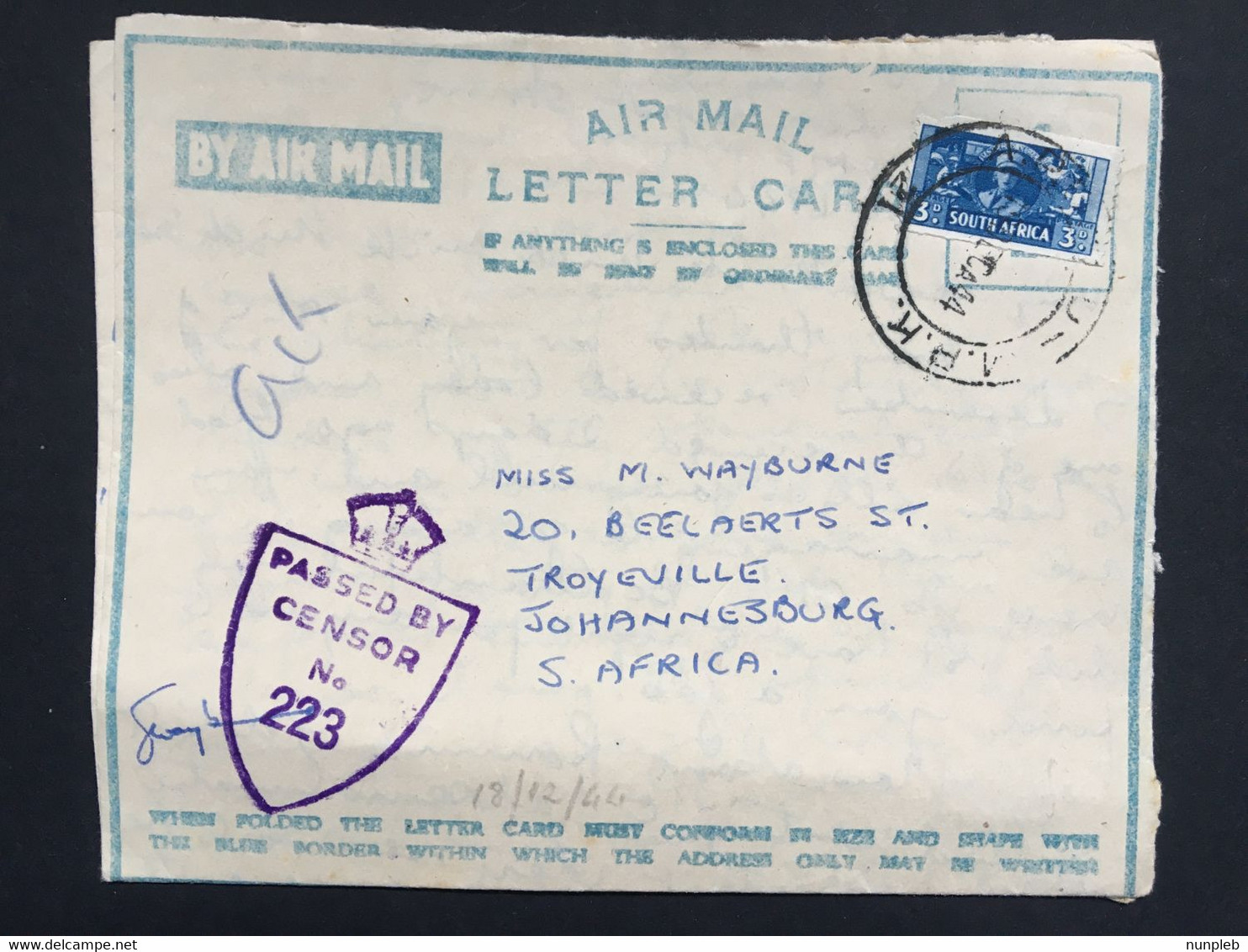 SOUTH AFRICA 1944 Aerogramme Military M.P.K. Postmark Sent To Johannesburg With Censor Cachet - Briefe U. Dokumente