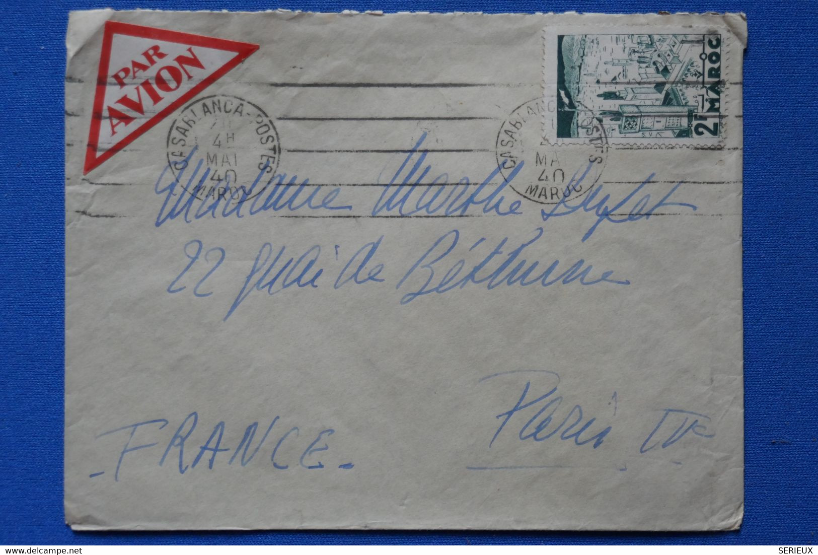 P8 MAROC TRES BELLE LETTRE 1940 PAR AVION CASABLANCA POUR PARIS FRANCE +AFFRANCH PLAISANT - Lettres & Documents