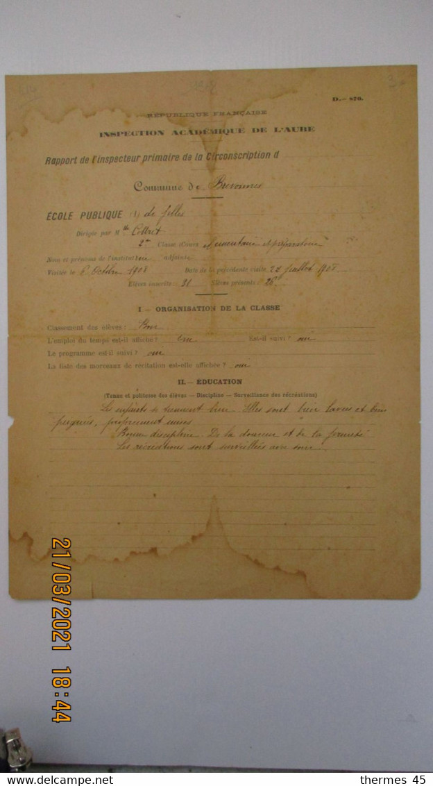 BREVONNES ( AUBE ) Ecole De Filles / 6 Oct. 1908 / RAPPORT D'INSPECTION ACADEMIQUE - Diploma & School Reports