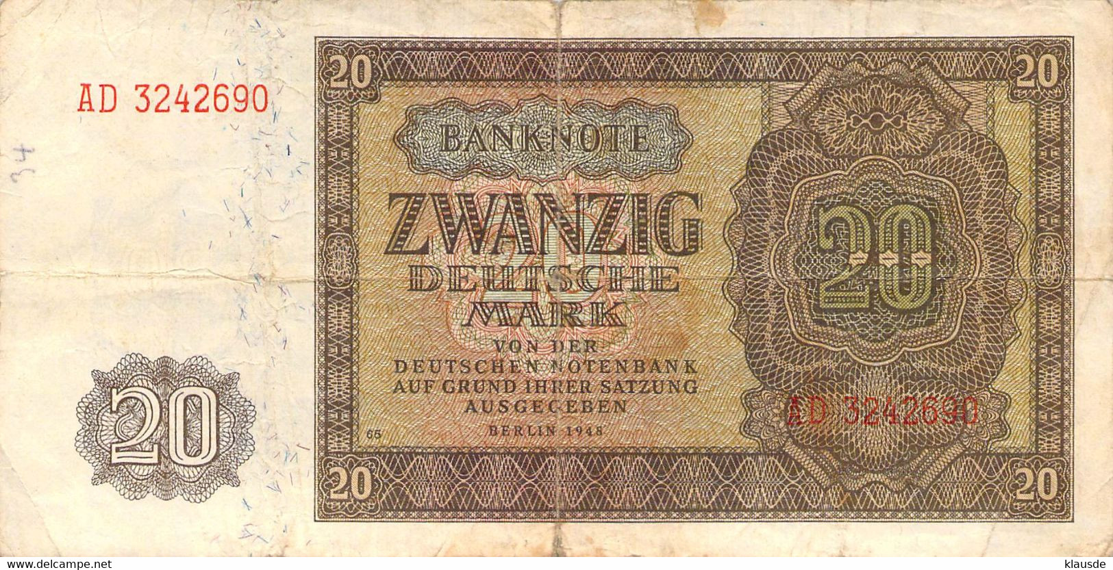 20 DM Deutsche Notenbank 1948 DDR VG/G (IV) - 20 Deutsche Mark