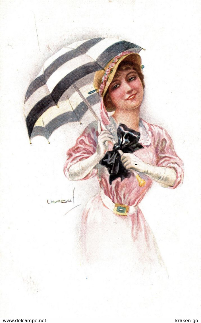 CPA L. USABAL - Donnina, Femme, Lady - Ombrello, Parapluie, Umbrella - NV - U033 - Usabal