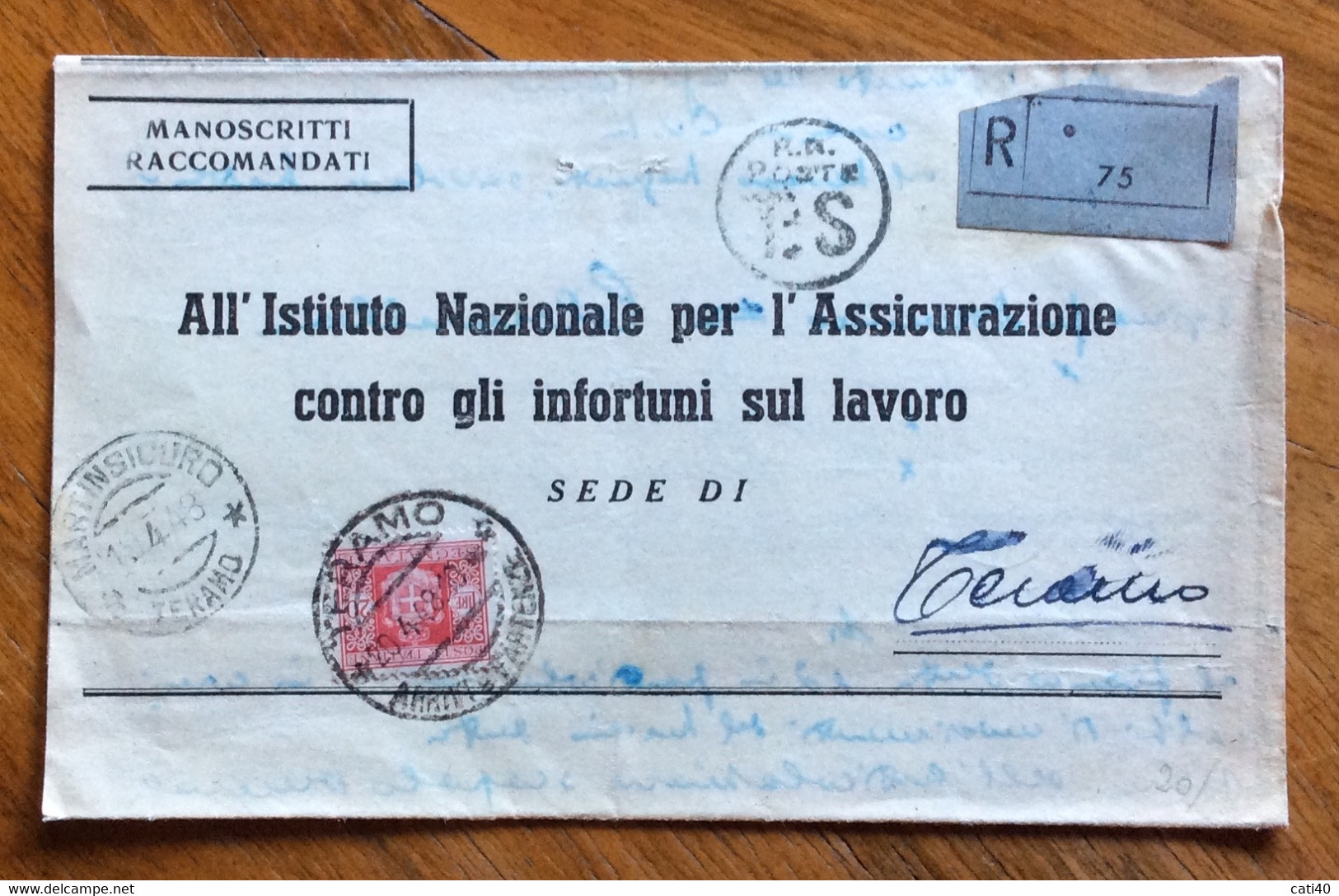 LUOGOTENENZA SEGNATASSE L. 20 Isolato Su RACC. A CARICO DESTINATARIO DA TERAMO 20/4/48 PER CITTA' - Marcophilia