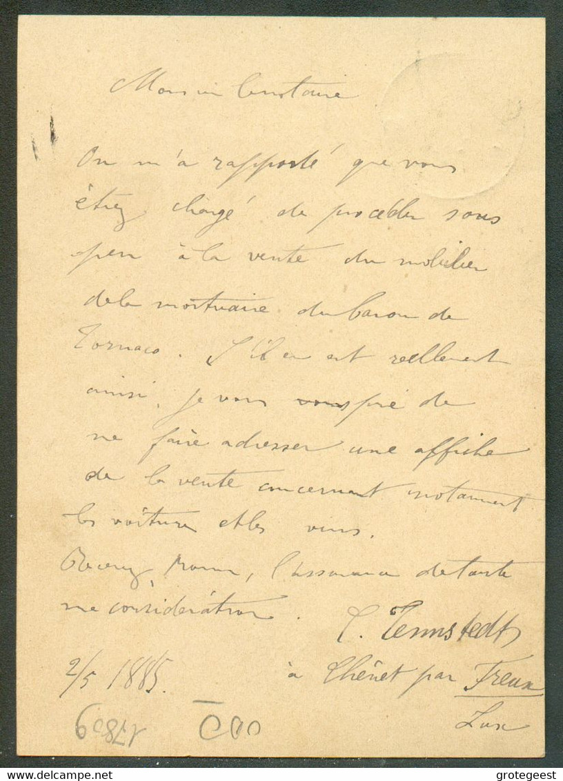 E.P. Carte 5 Centimes Datée De Chenêt Et Obl. Sc FREUX 2 Juin 1885 Vers Sibret TB  - 17809 - Cartes Postales 1871-1909