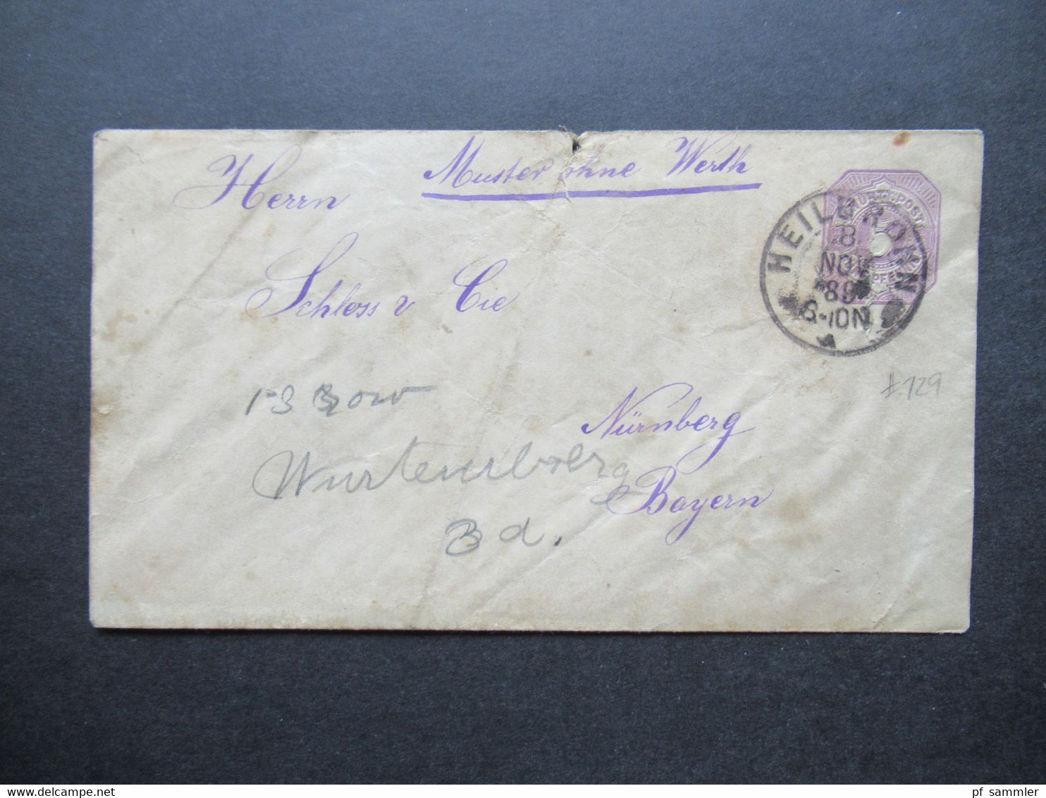 AD Württemberg 1889 GA Umschlag Von Heilbronn Nach Nürnberg Verwendung: Muster Ohne Werth - Postal  Stationery