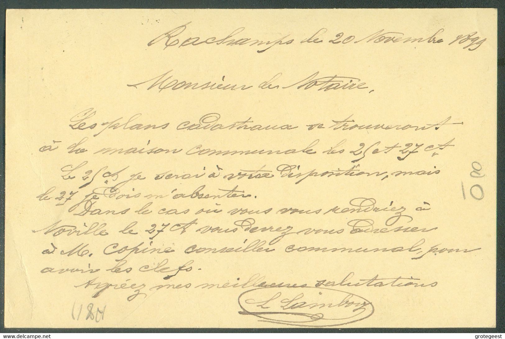 E.P. Carte 5 Centimes Datée De RACHAMPS et Obl. Sc Relais De  BOURCY (LONGWILLY) * 21 Novembre 1899 Vers Sibret. TB  - - Postcards 1871-1909