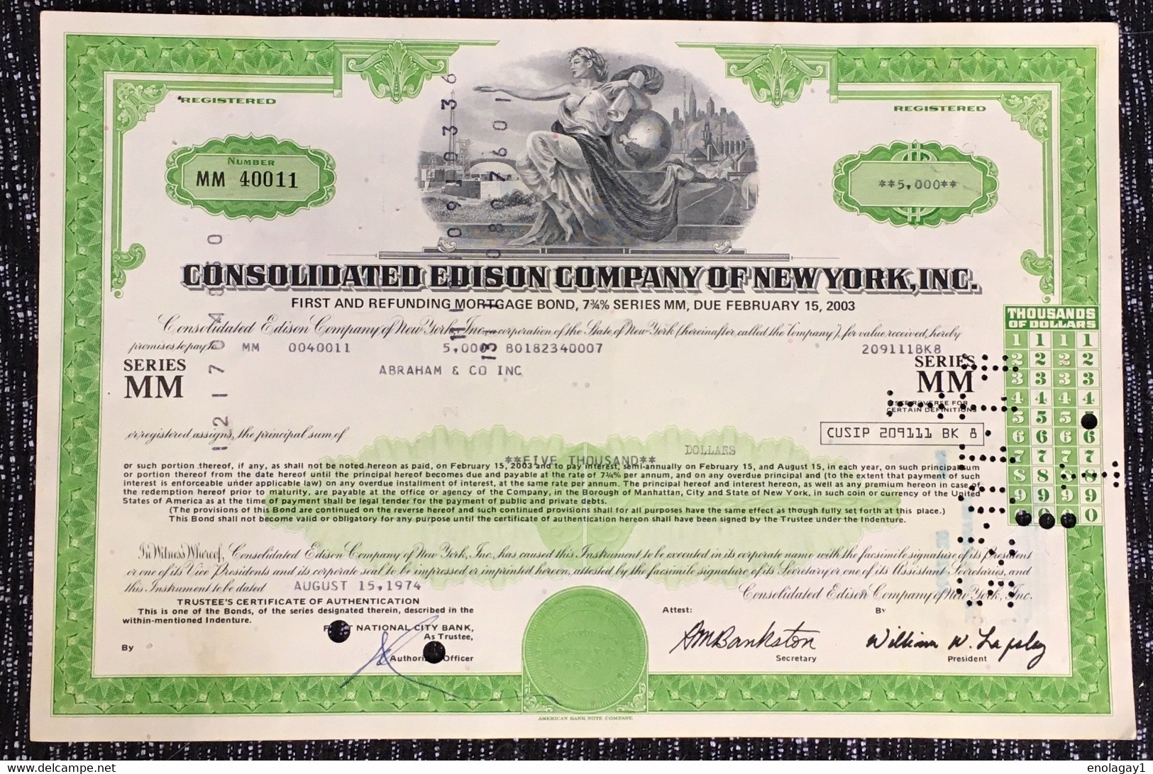 Share Stock Bond USA America Edison Compay New York - Stati Uniti