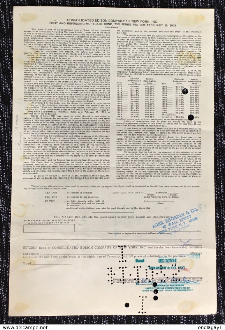 Share Stock Bond USA America Edison Compay New York - United States