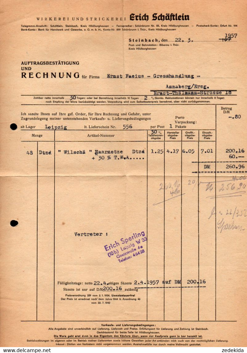 E9667 - Steinbach - Erich Schäftlein Strickerei Wirkerei - Rechnung Quittung - 1950 - ...