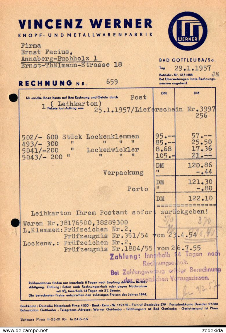 E9673 - Bad Gottleuba - Vincenz Werner - Knopf Und Metallwaren Fabrik - Rechnung Quittung - 1950 - ...