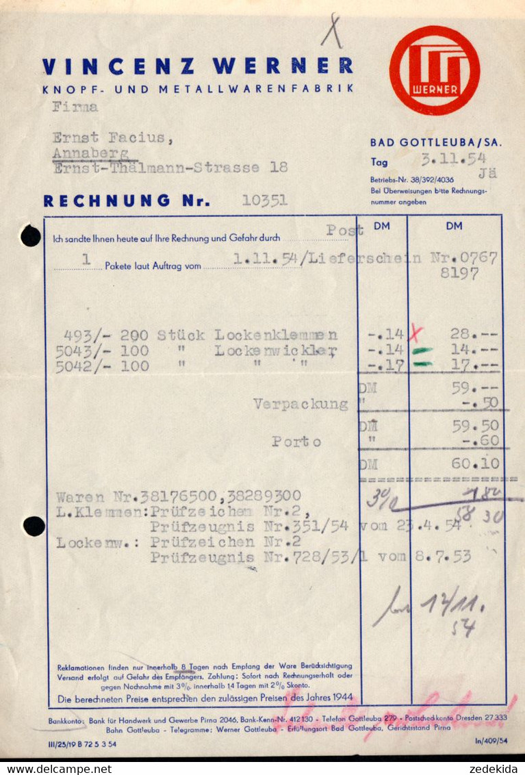 E9674 - Bad Gottleuba - Vincenz Werner - Knopf Und Metallwaren Fabrik - Rechnung Quittung - 1950 - ...