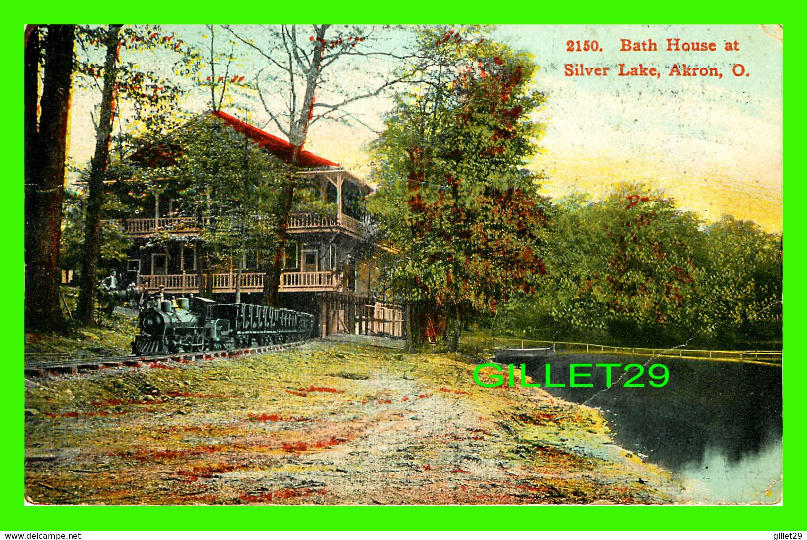 AKRON, OH - BATH HOUSE AT SILVER LAKE - ANIMATED WITH TRAINS - TRAVEL IN 1918 -  S. H. KNOX & CO - - Akron