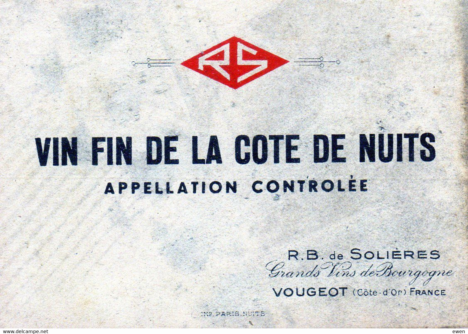 Etiquette De Vin Fin De La Cote De Nuits. R.B. De Solières à Vougeot (Années 50) - Rouges