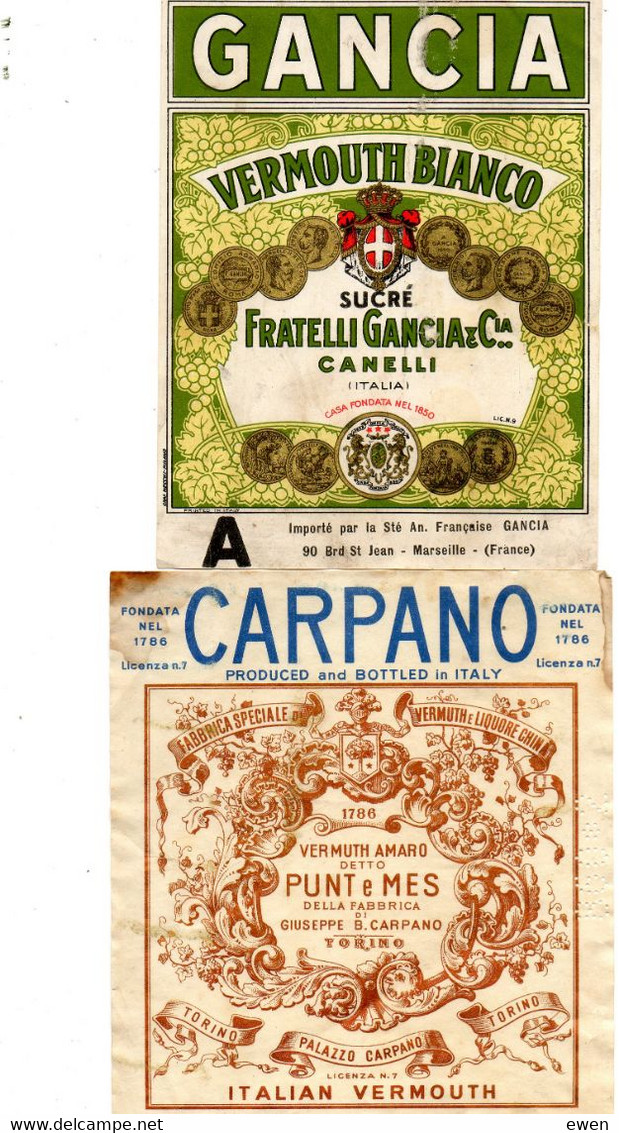 2 Etiquettes Italian Vermouth Carpano Et Gancia (Années 50) - Weisswein