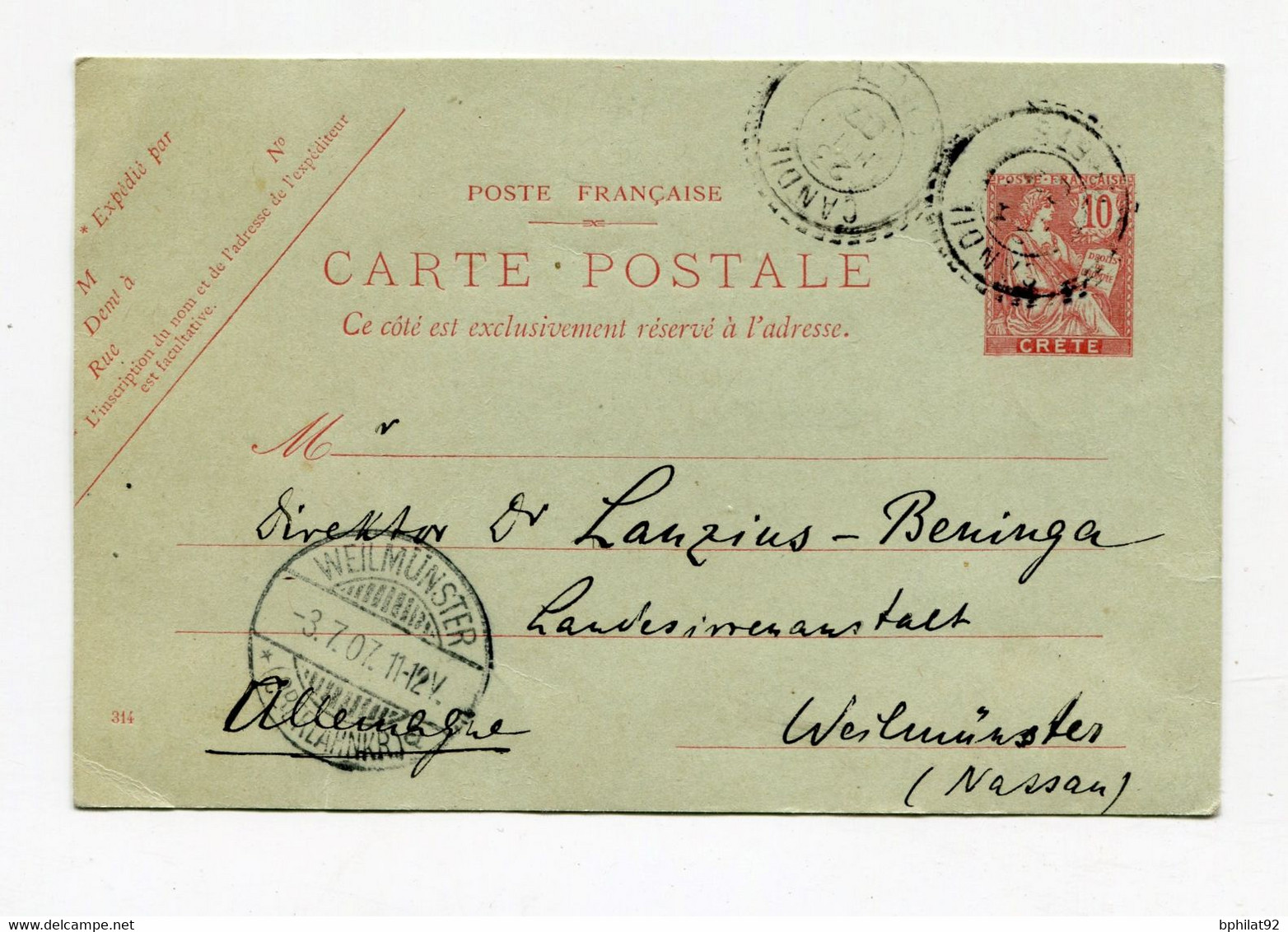 !!! CRETE, ENTIER POSTAL 10c MOUCHON POUR L'ALLEMAGNE, CACHET DE CANDIE DE 1907 - Otros & Sin Clasificación