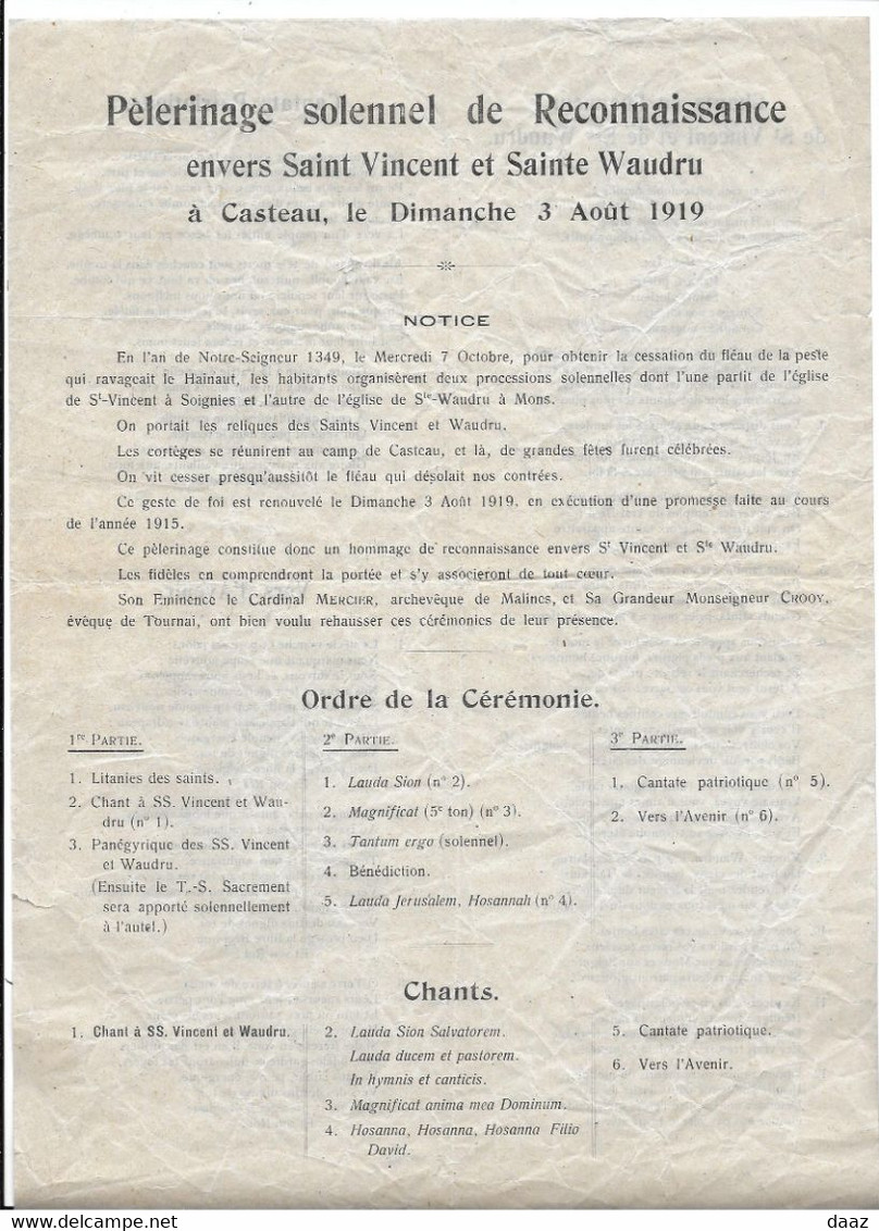 Feuillet Pélerinage Saint Vincent Sainte Waudru Casteau 1919 - Non Classés