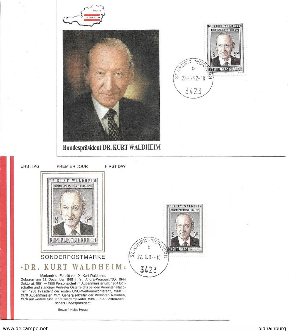 1755l: UN- Generalsekretär Kurt Waldheim 1992, 2 FDCs, UNO- Mitläufer 3423 St. Andrä- Wördern - Tulln