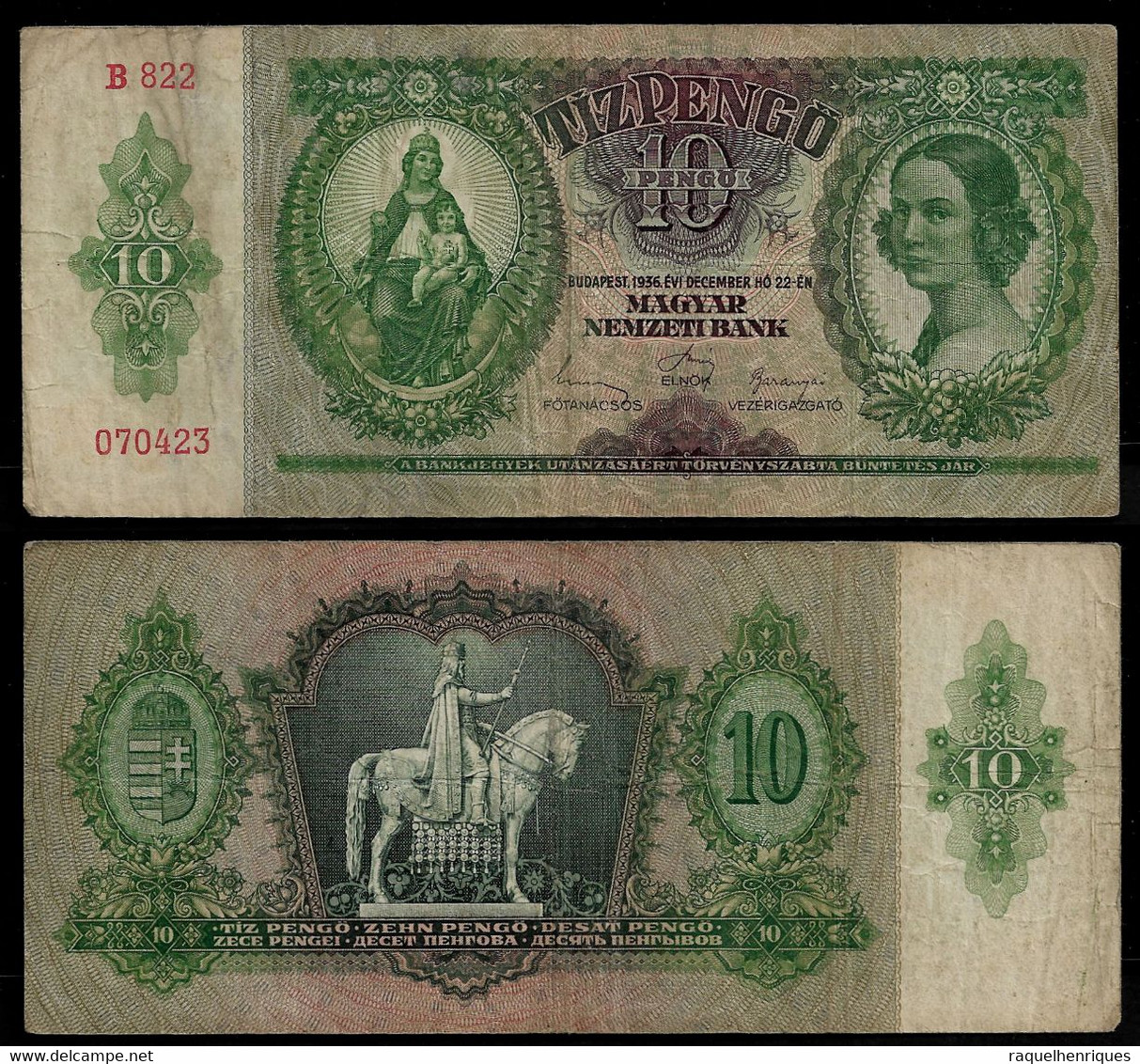 HUNGARY BANKNOTE - 10 PENGO 1936 P#100 F/VF (NT#05) - Hongrie