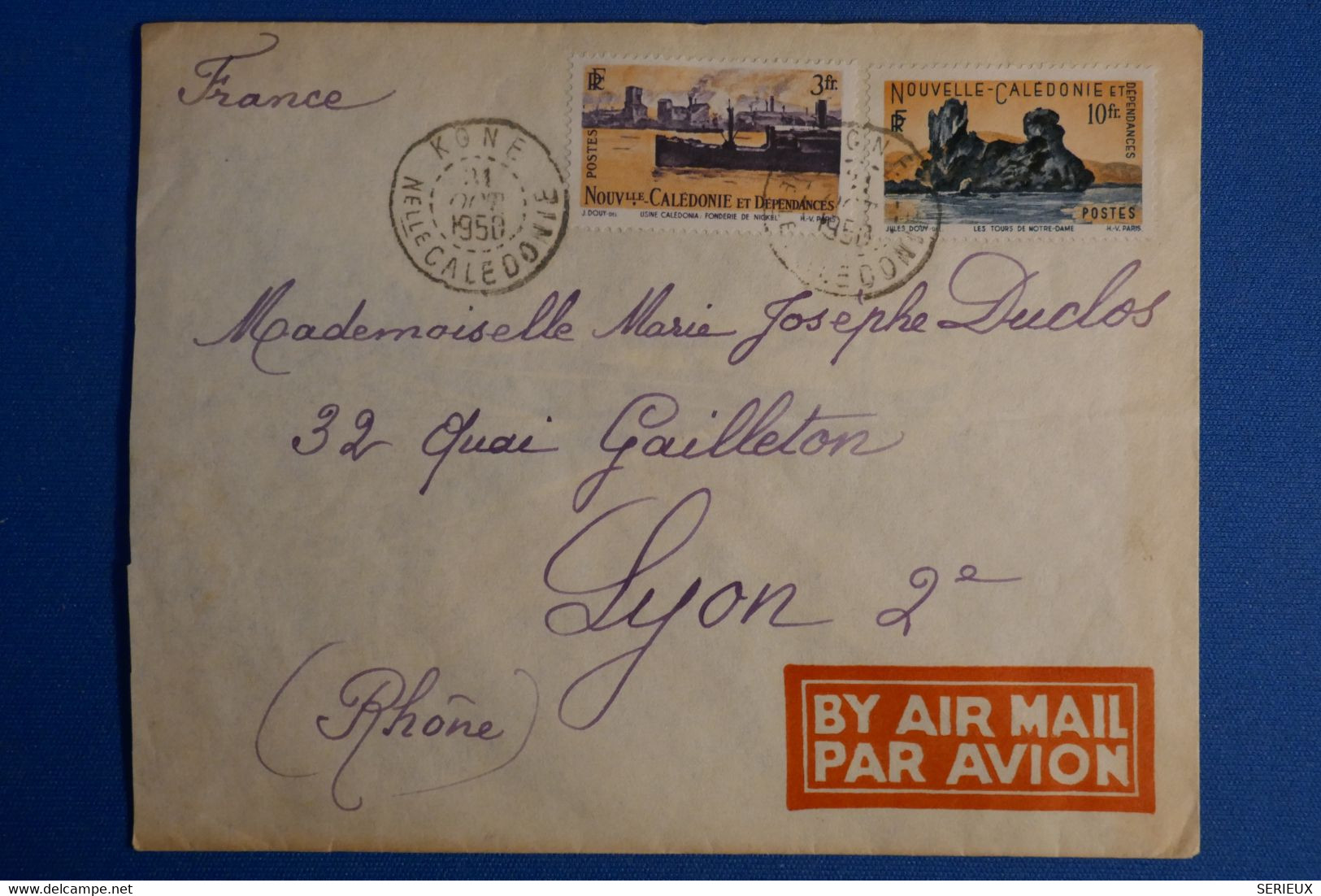 P10 NELLE CALEDONIE  BELLE LETTRE 1950 PETIT BUREAU KONE  POUR LYON FRANCE + AFFRANCHISSEMENT INTERESSANT - Storia Postale