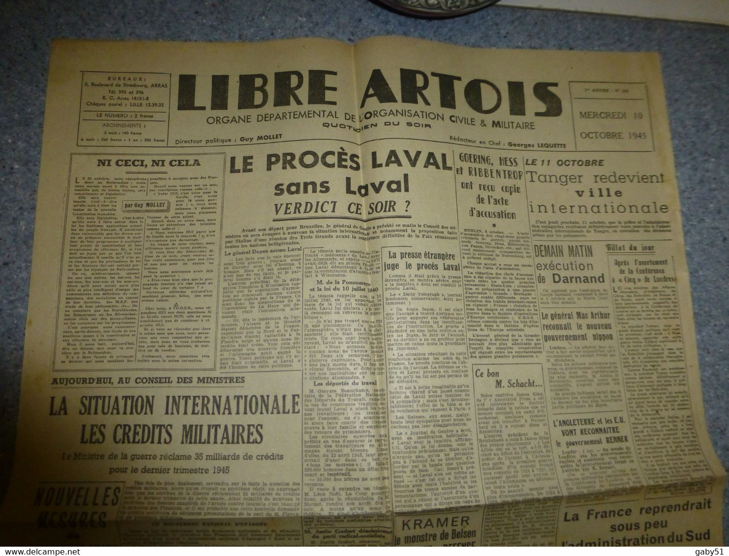Journal Libre-Artois 10 Octobre 1945, Procès Laval, Goering, Tanger, épidémie En Allemagne ; JL03 - 1950 à Nos Jours