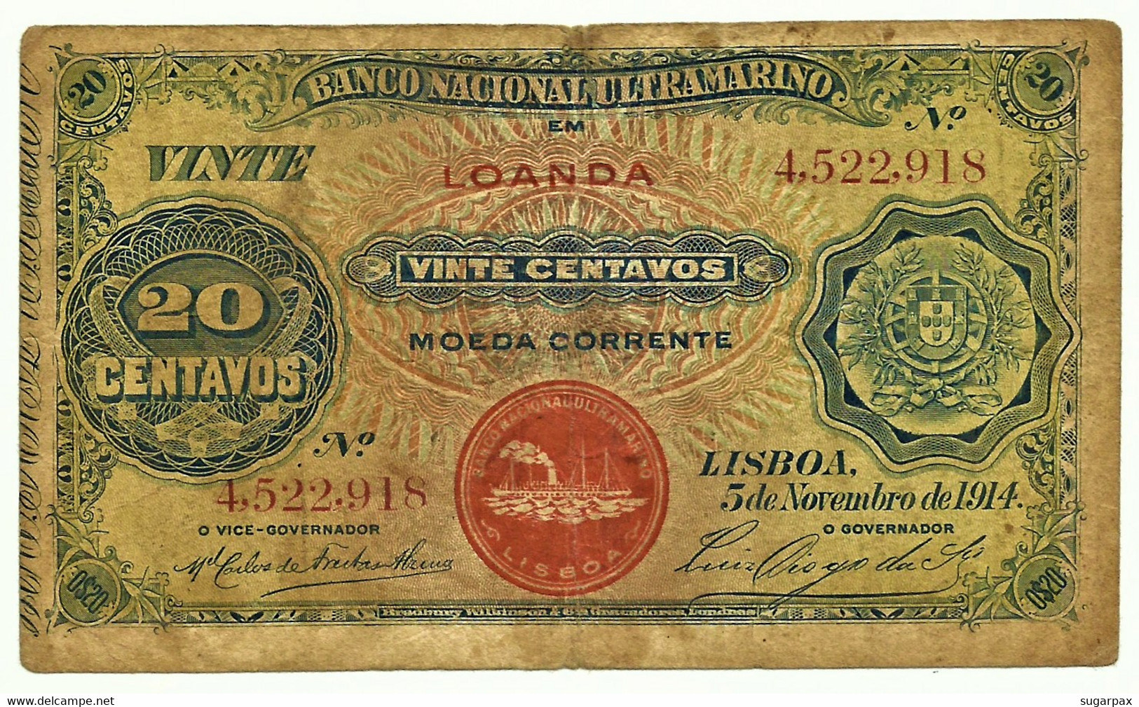 Angola - 20 Centavos - 5.11.1914 - Pick 42.b - Red Overprint LOANDA - Steamship Seal Type II ( Lisboa ) - Angola