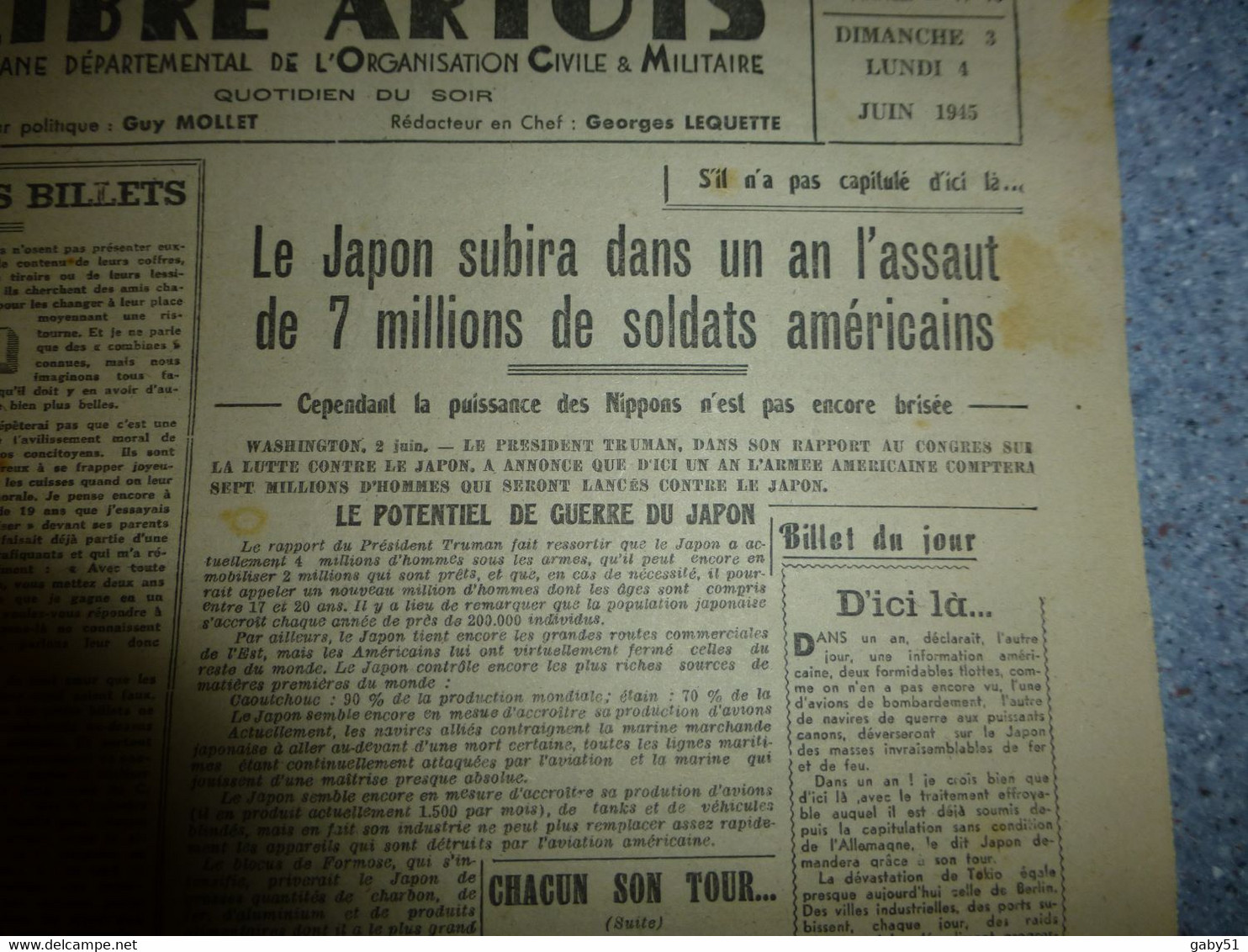 Journal Libre-Artois 3 Et 4 Juin 1945, Japon Subira Guerre USA, Chronique Du Déporté, Etc ; JL03 - 1950 à Nos Jours