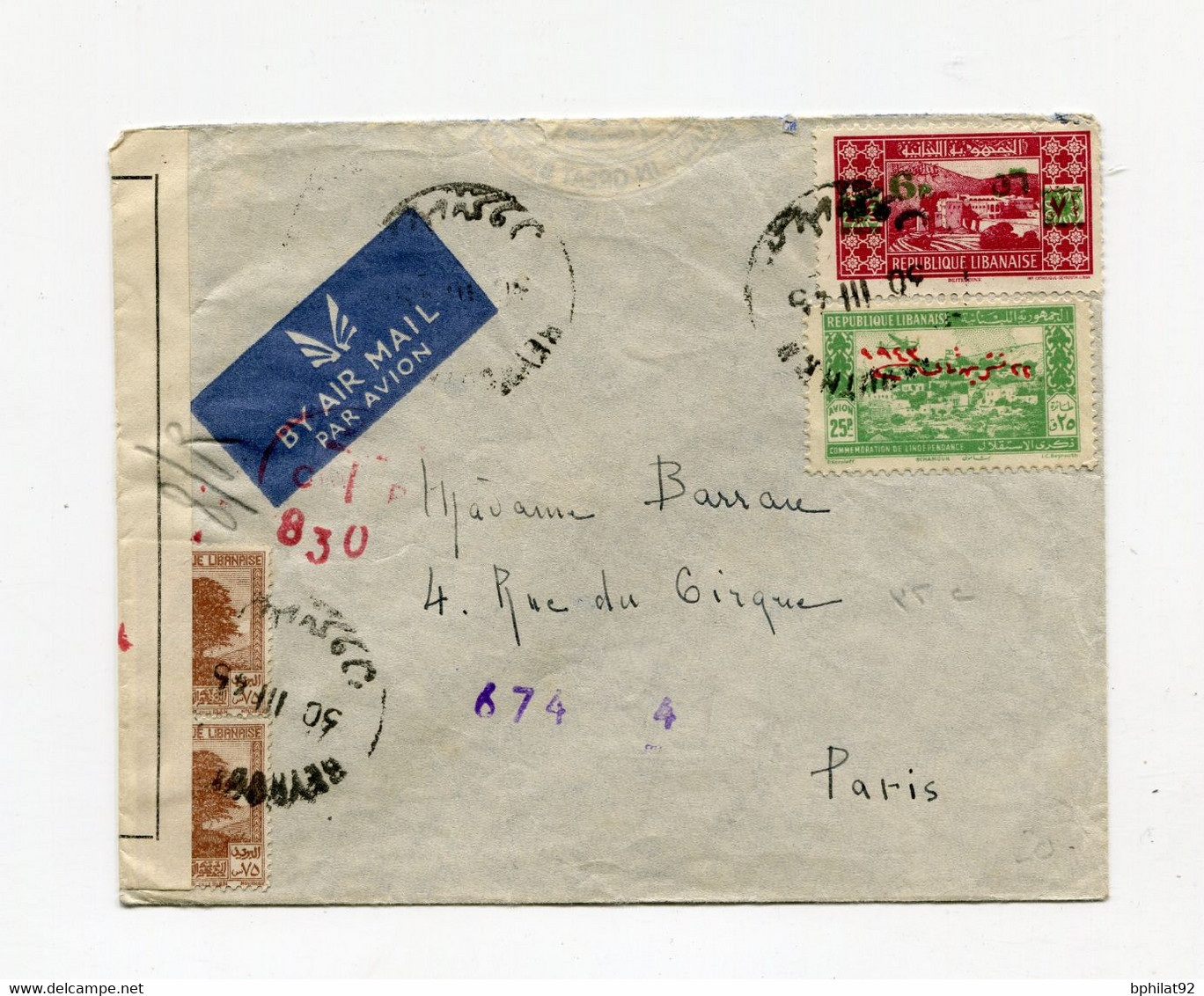!!! LIBAN, LETTRE PAR AVION DE BEYROUTH POUR PARIS DE 1945 AVEC CENSURE - Storia Postale