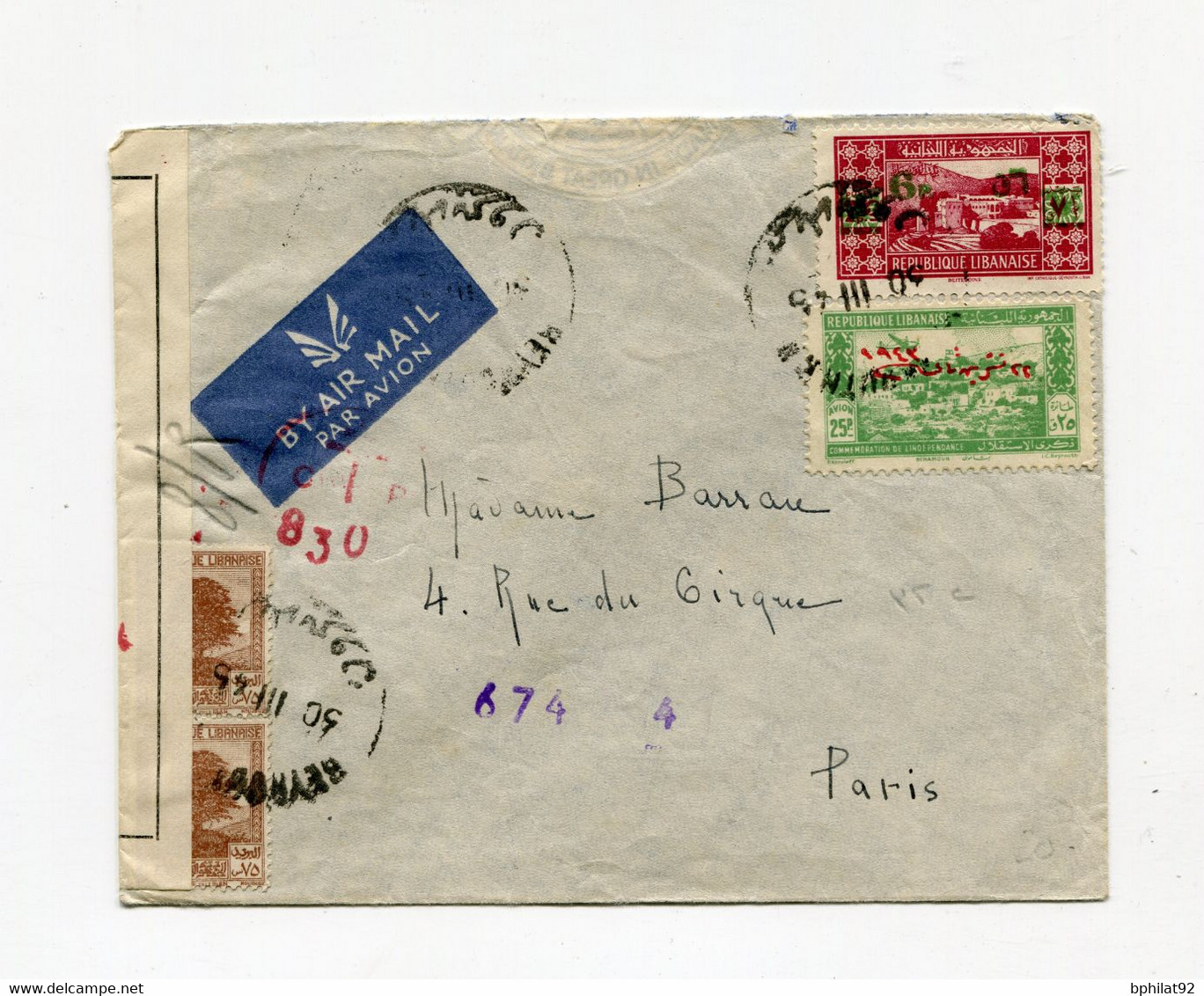 !!! LIBAN, LETTRE PAR AVION DE BEYROUTH POUR PARIS DE 1945 AVEC CENSURE - Covers & Documents