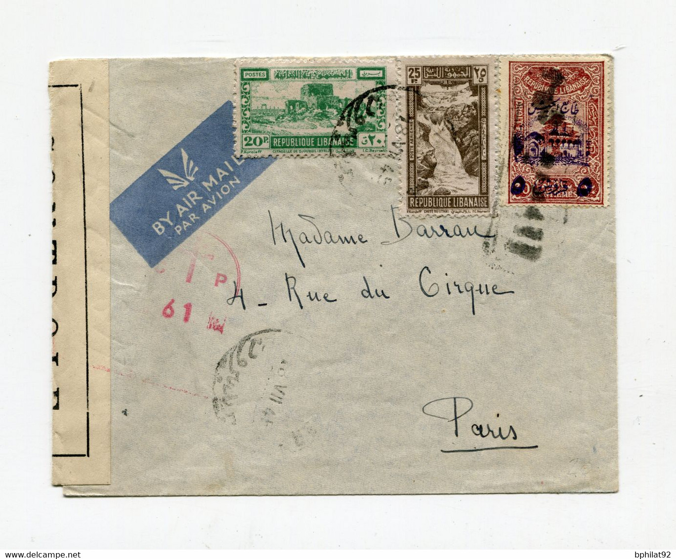 !!! LIBAN, LETTRE PAR AVION DE BEYROUTH POUR PARIS DE 1945 AVEC CENSURE - Covers & Documents