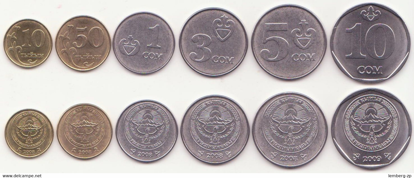 Kyrgyzstan - Set 6 Coins 10 50 Tyiyn 1 3 5 10 Som 2008 - 2009 UNC - Kyrgyzstan