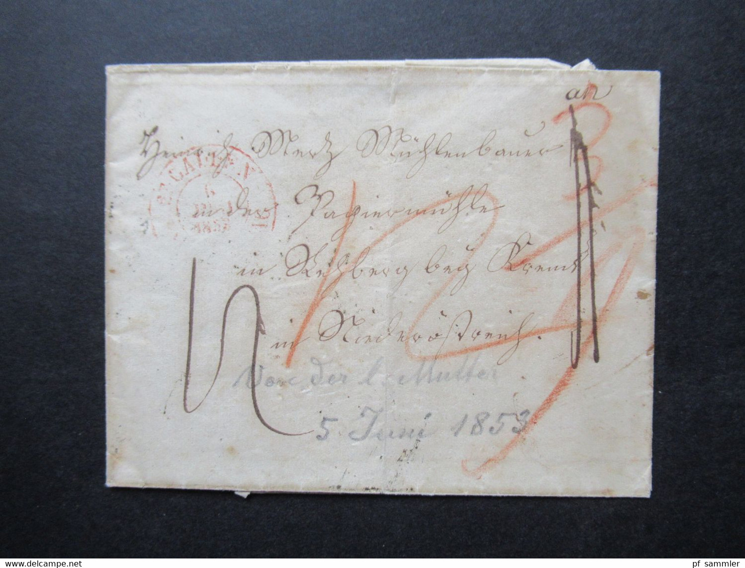 Schweiz 1853 Roter Stempel St. Gallen - Österreich Rücks. Mit 5 Stempeln Bregenz, Feldkirch, Krems, Salzburg, St.Pölten - 1843-1852 Federale & Kantonnale Postzegels