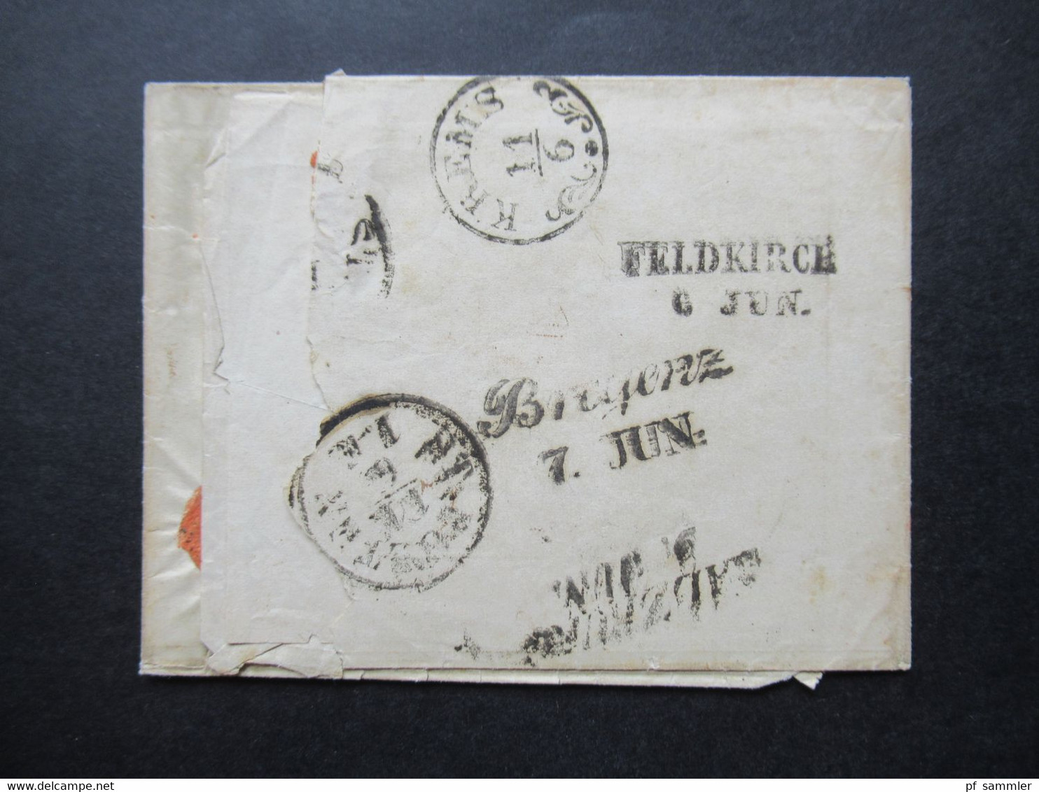 Schweiz 1853 Roter Stempel St. Gallen - Österreich Rücks. Mit 5 Stempeln Bregenz, Feldkirch, Krems, Salzburg, St.Pölten - 1843-1852 Timbres Cantonaux Et  Fédéraux