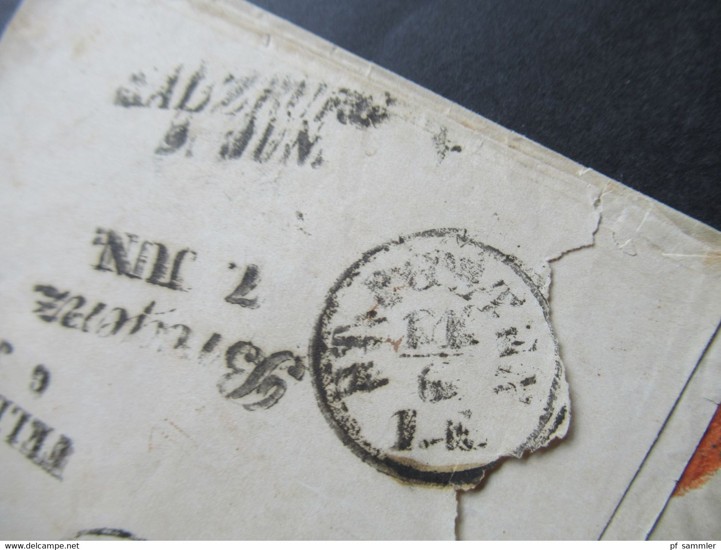 Schweiz 1853 roter Stempel St. Gallen - Österreich rücks. mit 5 Stempeln Bregenz, Feldkirch, Krems, Salzburg, St.Pölten