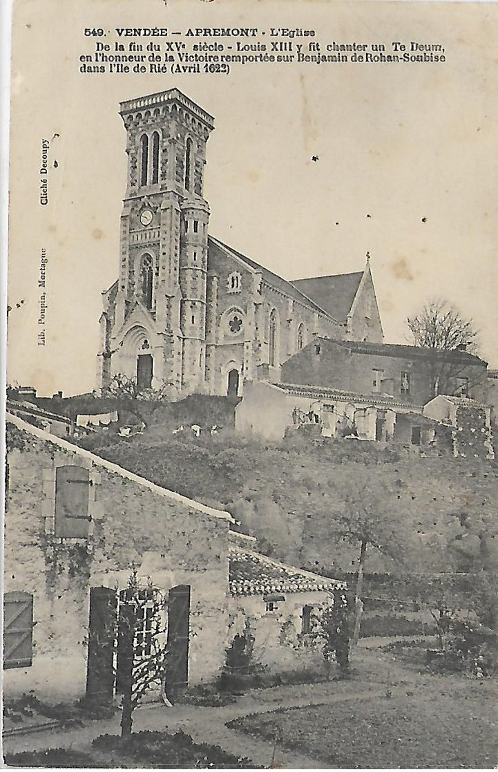 85, Vendée, APREMONT, L'Eglise, De La Fin DuXVé Siécle, Louis XIII Y Fit Chanter Un Te Deum, Scan Recto-Verso - Other & Unclassified