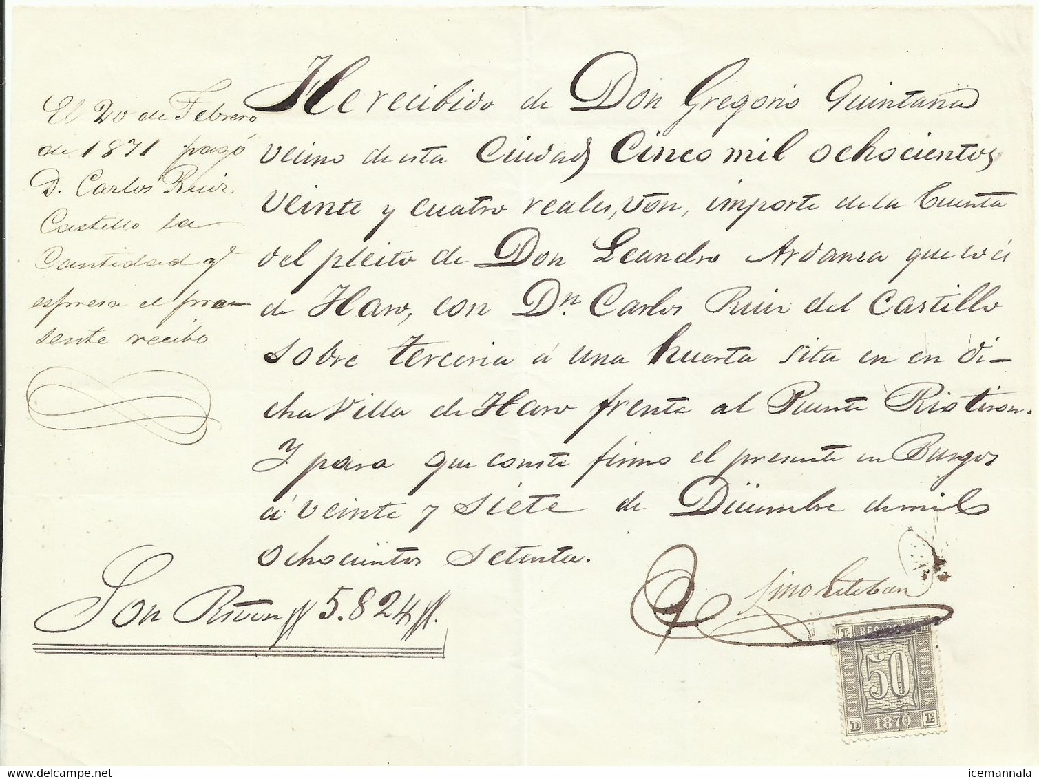 ESPAÑA, RECIBO COMERCIAL CON SELLO AÑO  1870 - Briefe U. Dokumente