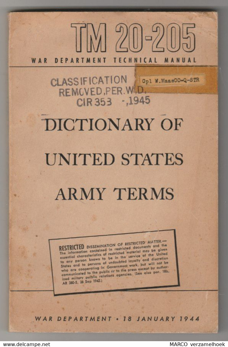 WAR WOII Department Technical Manual TM 20-205 1944 Dictionary Of United States Army Terms - Anglais