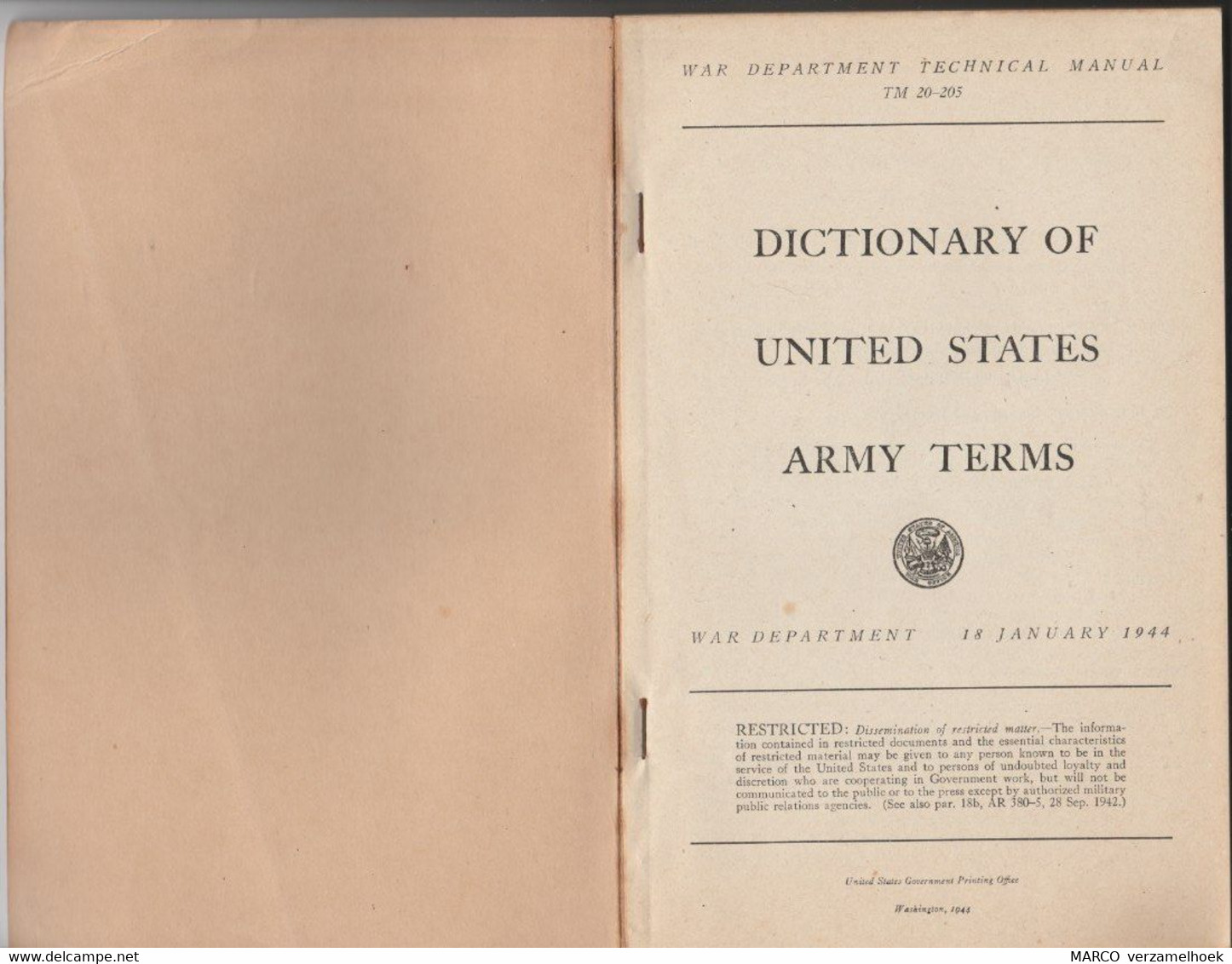 WAR WOII Department Technical Manual TM 20-205 1944 Dictionary Of United States Army Terms - Inglese