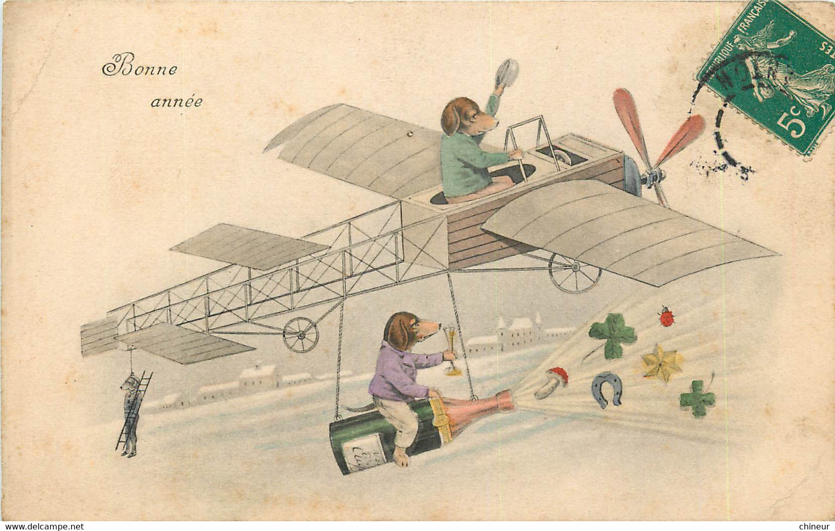 CARTE BONNE ANNEE THEME AVIATION FANTAISIE CHIENS HUMANISES H.H.I.W N°699 - New Year