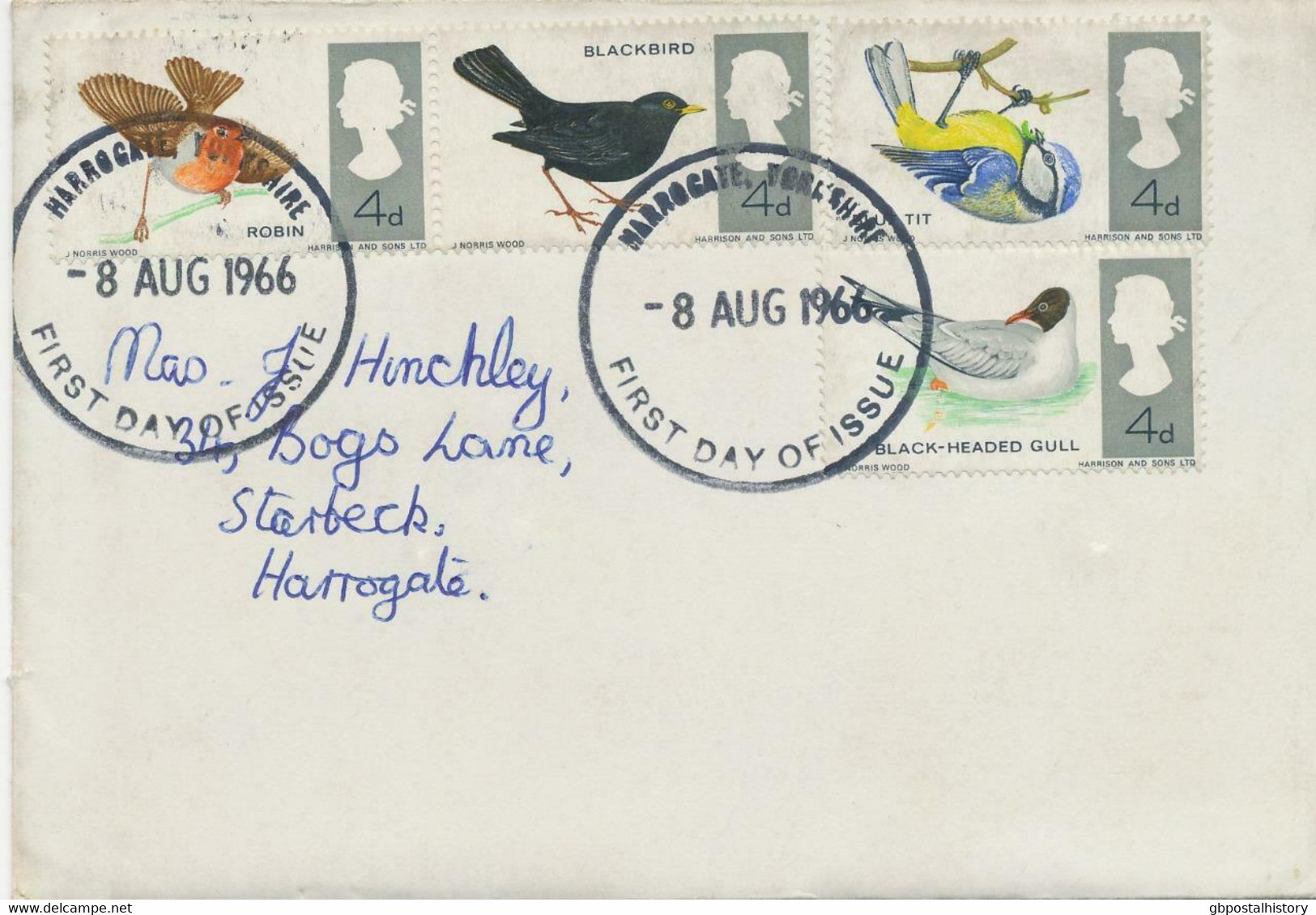 1966, British Birds On Very Fine FDC With Large Dark Blue FDI HARROGATE, YORKSHIRE – Coloured FDI Are Rare (SG 696/9) - 1952-1971 Dezimalausgaben (Vorläufer)