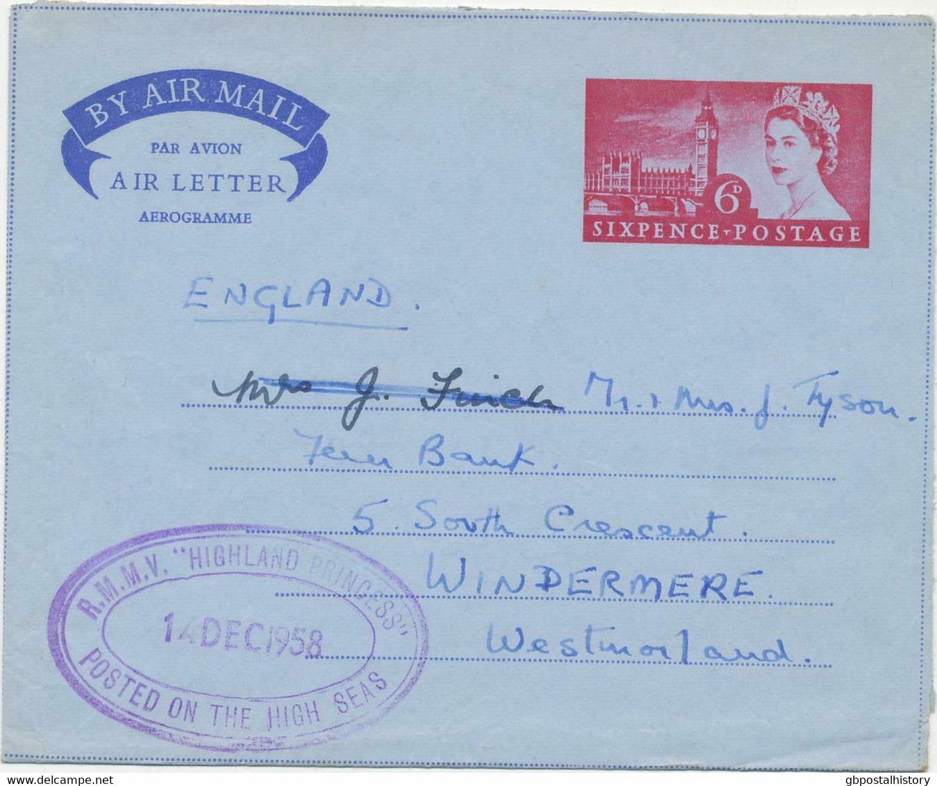 GB 1958 QEII 6 D Parliament Building, Aerogram As Combined Ship Mail / Airmail - Errors, Freaks & Oddities (EFOs