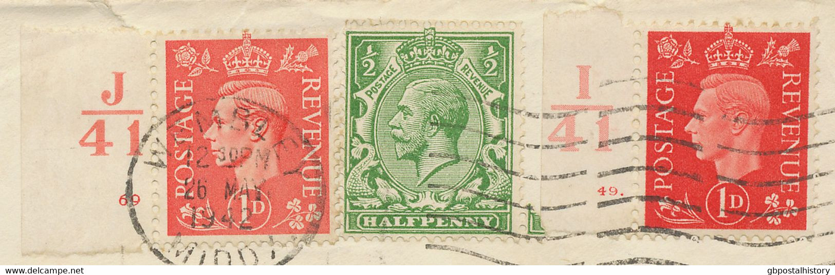 GB 1942 George V 1/2d + George VI 1d Red And Matt Red Mixed Franking Two CONTROLS - Variétés, Erreurs & Curiosités