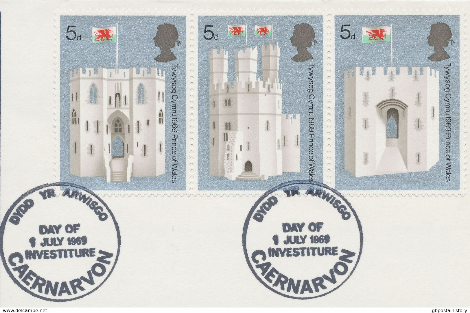 GB 1969 Investiture Of The Prince Of Wales FDC MAJOR VARIETIES 5 D Strip NO PHOS - Abarten & Kuriositäten