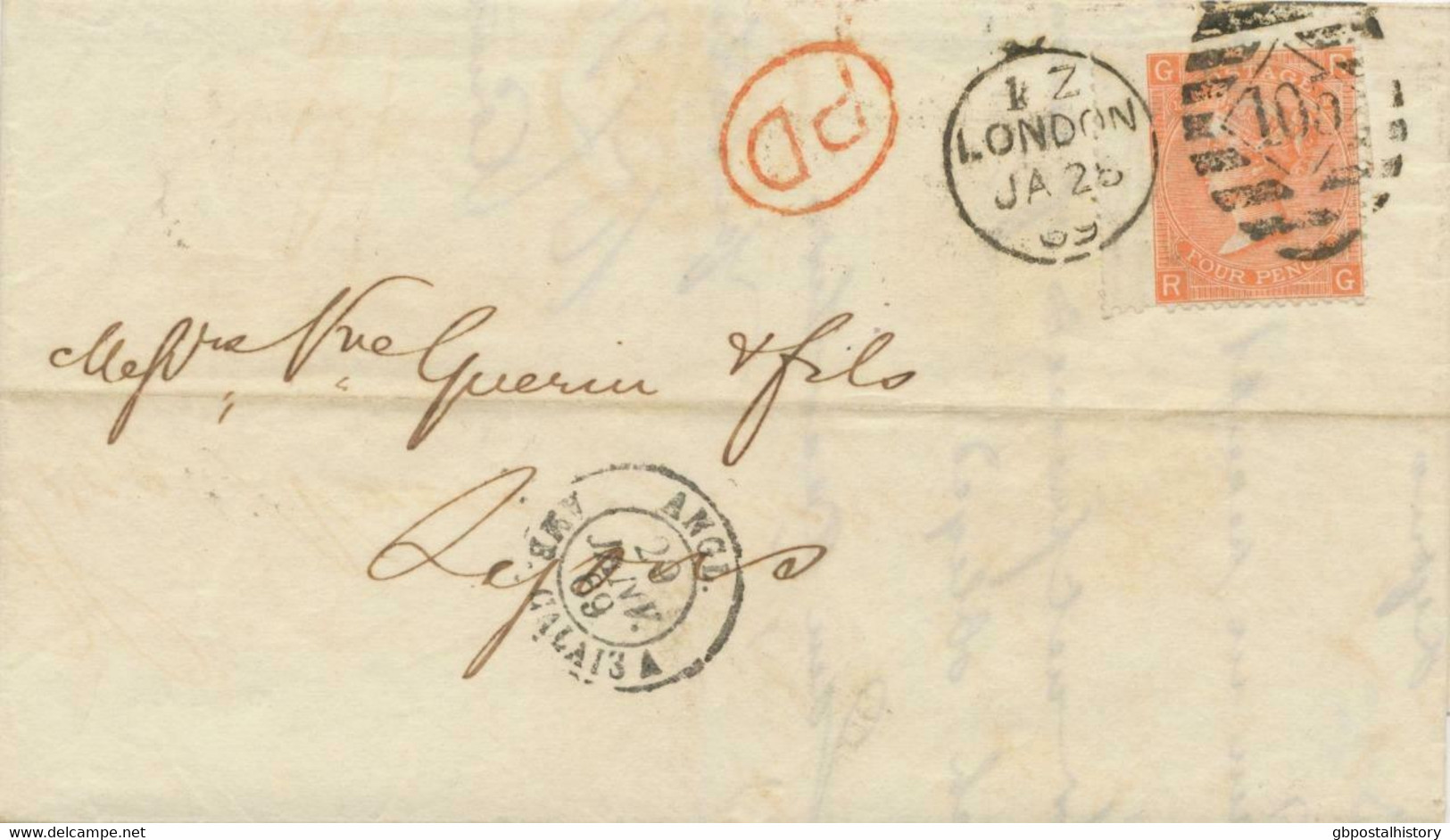 GB 1869 QV 4d Vermilion Pl.10 With Wing Margin (RG) On Cover To LYON VARIETY - Errors, Freaks & Oddities (EFOs
