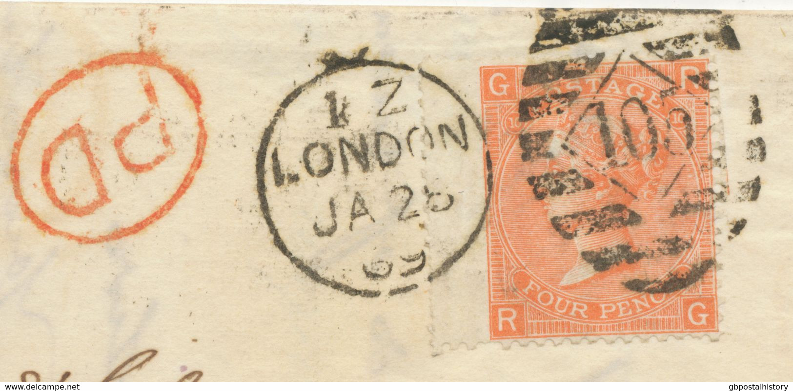 GB 1869 QV 4d Vermilion Pl.10 With Wing Margin (RG) On Cover To LYON VARIETY - Variedades, Errores & Curiosidades
