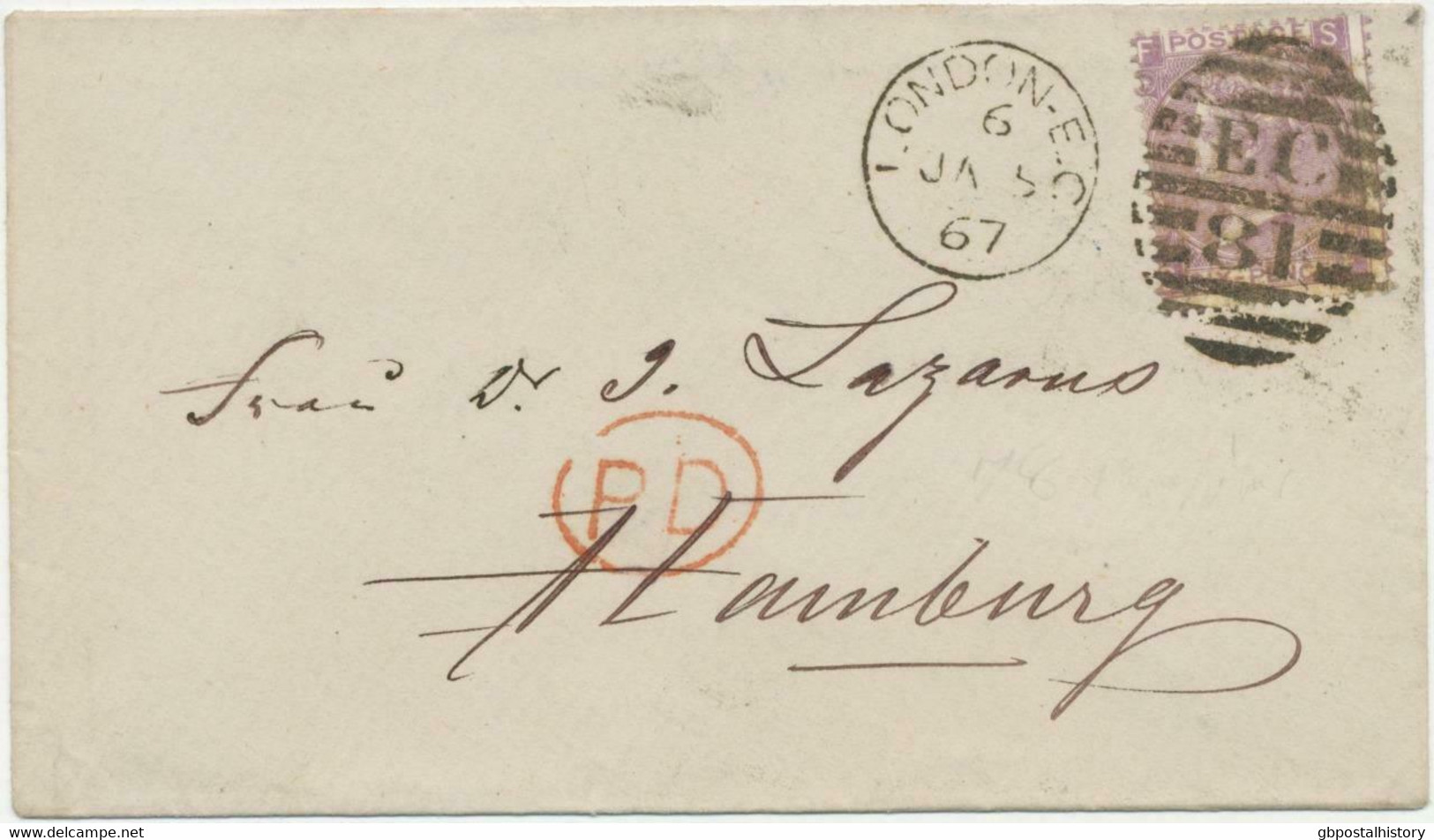 GB 1867 QV 6d Lilac Pl.5 (SF), Variety: Misperforated On VF Cover To HAMBURG - Plaatfouten En Curiosa
