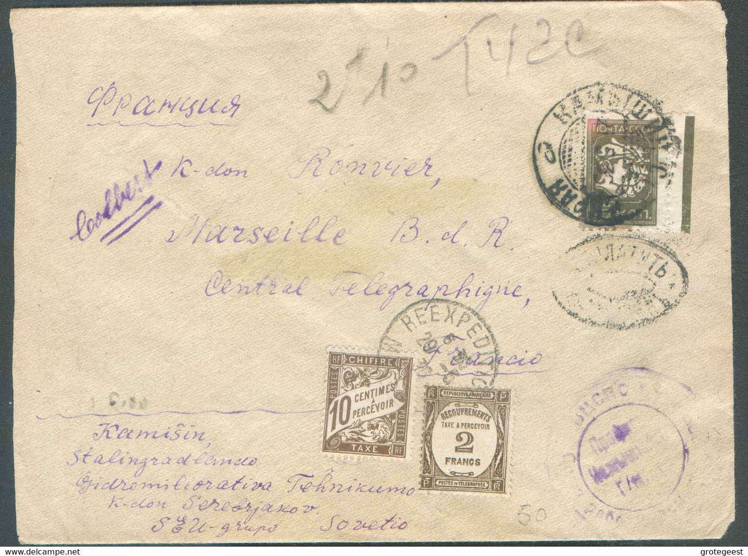 Cover From KAMISIN STALINGRAD To France  + Tpo + Censorship And Taxation In France 12 Centimes Marseille 29-5-1936 - 178 - Covers & Documents