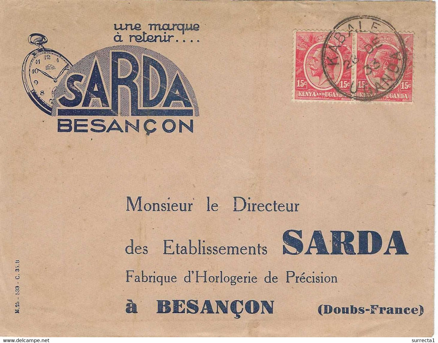 28 Déc 1933 / Enveloppe Uganda Kenya / Beau Cachet Double Cercle KABALE Uganda / Sur Enveloppe Illustrée Sarda Besançon - Kenya & Oeganda