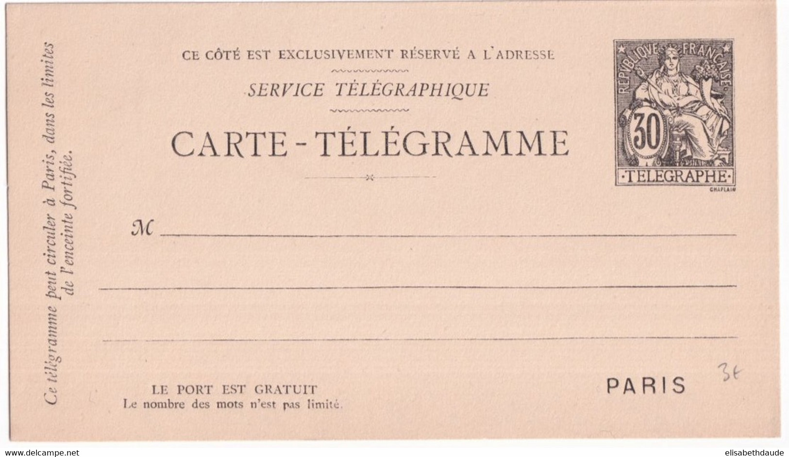 PNEUMATIQUE - 1885 - CARTE ENTIER POSTAL TYPE CHAPLAIN SANS DATE - STORCH B7 - NEUVE - - Pneumatici